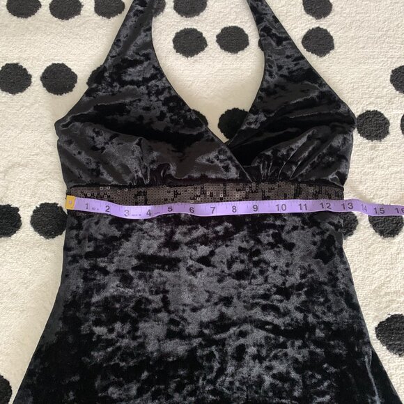 Vintage Y2K Black Crushed Velvet Babydoll Empire Waist Halter Dress - Picture 11 of 13